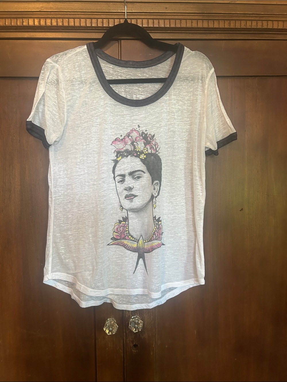 Frida Kahlo White Ringer Tee with Pink Accents L